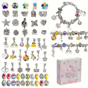 67-piece DIY charm bracelet and pendant bead set, including 60 unicorn and mermaid charms, 3 bracelets, and 3 necklaces.  Mix and match to create your own designs. Perfect for birthday, Christmas, New Year, and Valentine's Day gifts.