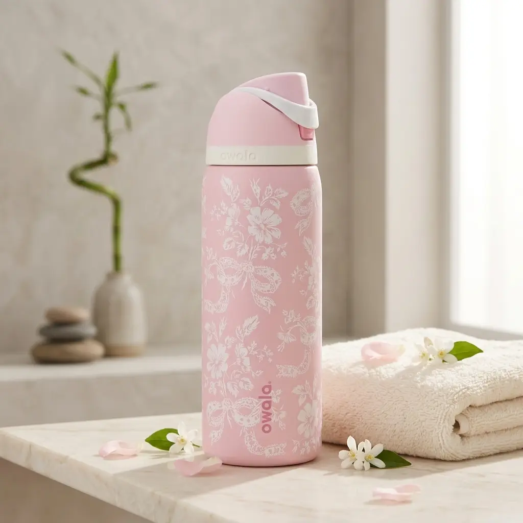 Owala FreeSip 32oz Ribbon Toile Water Bottle Pink Bow Floral Design