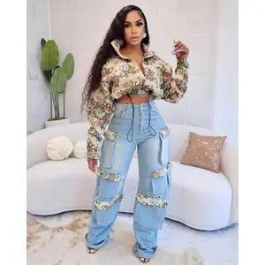 Washed Women's Set Full Sleeve Floral Jacket and Pockets Cargo Jeans Pants Suit 2025 Street  Set Outfit Top Clothes Womenswear Gamis
