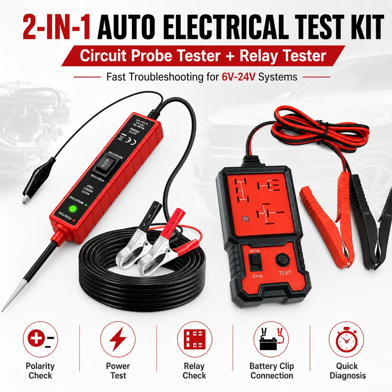 2-in-1 Dual Function Automotive Electrical Test Kit (Car Tools), 6V-24V Range Circuit Testing Probe, 4-Pin & 5-Pin Relay Tester, Power Ground Polarity Checker with Battery Clips for Cars, Trucks, Cars/Motorcycles