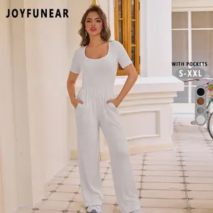 Joyfunear Women's Summer Jumpsuits Dressy One Piece Outfits Casual Short Sleeve Crew Neck Wide Leg Rompers