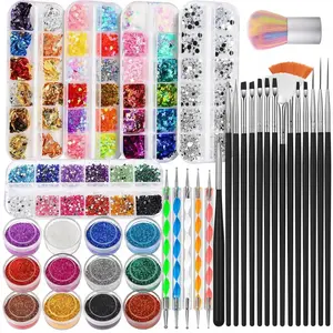 Nail Art Kit, Nail Art Brushes Set, Nail Design Kit Dotting Tools, Fine Nail Glitter, Nail Decoration Butterfly Heart Glitter Sequins, Foil Flakes, Nail Rhinestones, Dust Brush, Gift, Manicure