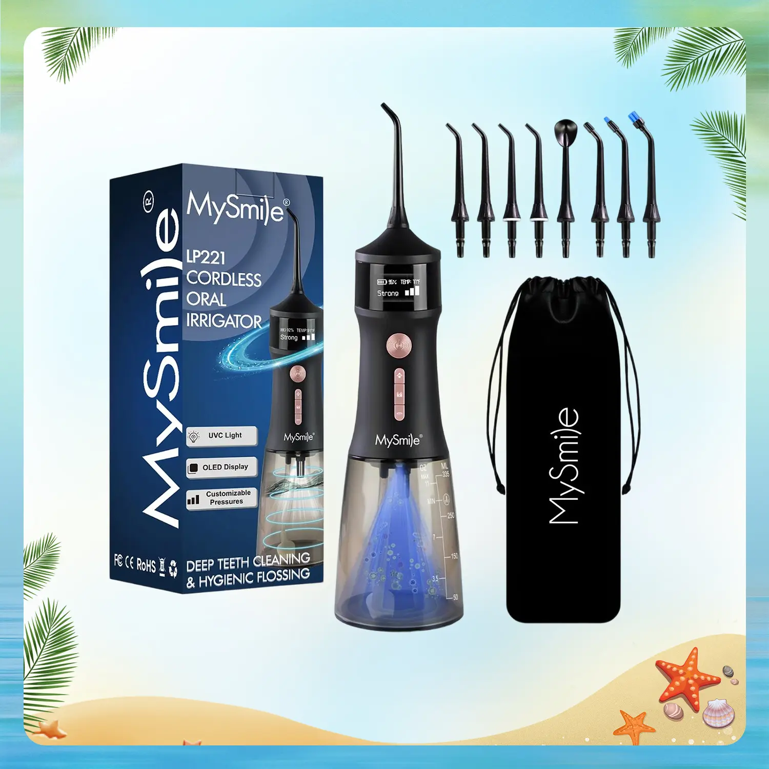 MySmile Cordless Advanced (LP221) UVC Light Portable Water Flosser Teeth Cleaner, 335ML Rechargeable High Pressure Oral Irrigator with OLED Display, 4 Modes, 8 Jet Tips, BK Flossing Device Oral Care Kit for Orthodontic Cleaning, Flossing Device Oral Irrig
