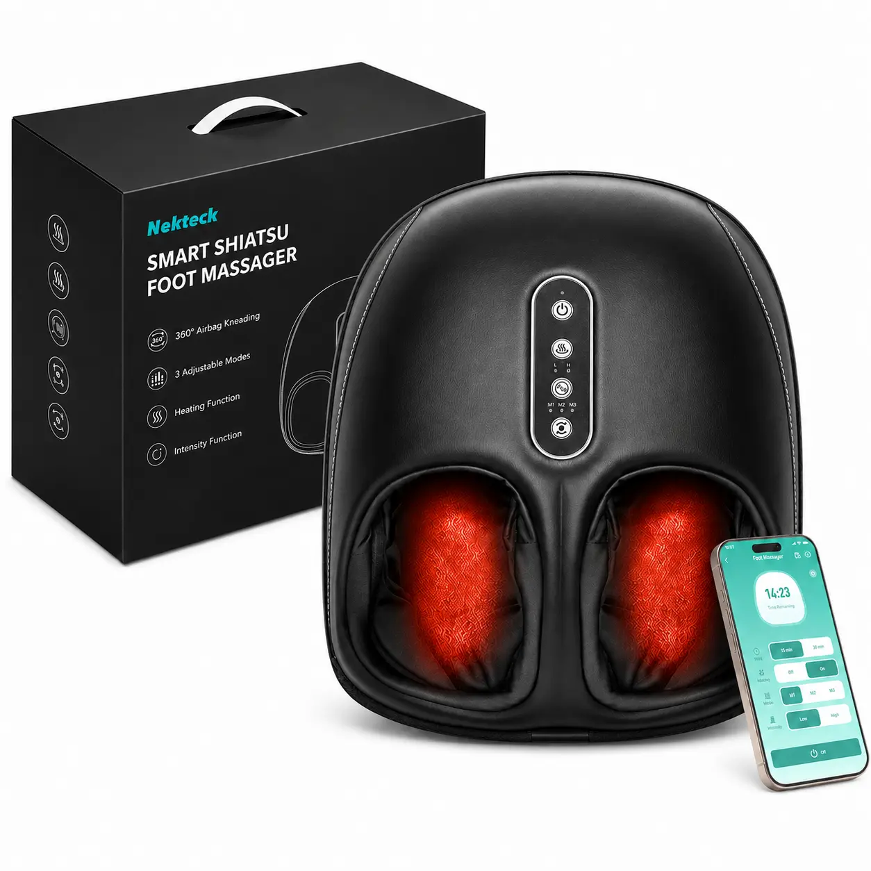Nekteck Shiatsu Foot Massager with Heat, Foot Massager Machine for Plantar Fasciitis, Neuropathy Pain, Deep Kneading, Air Compression, Remote APP Control, Gifts for Father Mother Friend, Fits Up to 13"