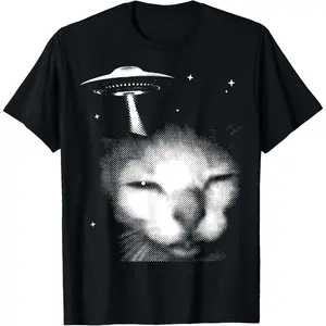 Cotton Graphic Tees Streetwear Gifts Alien Cat Meme UFO Vintage Graphic Tee Y2K Funny Silly Cat T-Shirt