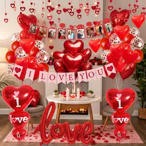 Valentine’s Day Decorations – Red Heart Balloons, Love Balloons, Heart Banners, Hanging Garland & Rose Petals for Wedding, Birthday, Anniversary & Romantic Party Decor