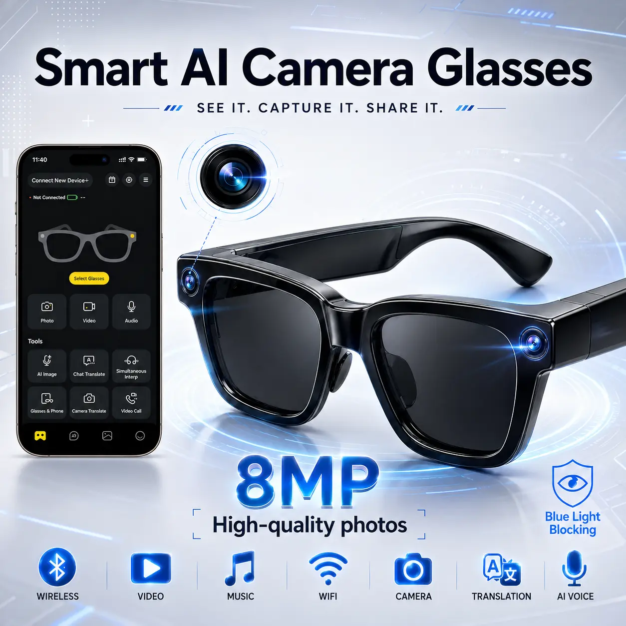 Smart AI Camera Glasses with 8MP HD Camera, Bluetooth Audio, Hands-Free Photo & Video Recording, Real-Time Translation in 160+ Languages, Touch Control, Compatible with iOS & Android