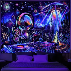 Tapestry Decor Galoker Blacklight Alien UFO Tapestry Trippy Galaxy Planet Tapestry UV Reactive Funny DJ Music Wall Tapestries Plant Cactus Tapestries Wall Hanging for Home Decor(51.2"x59.1") summerwins