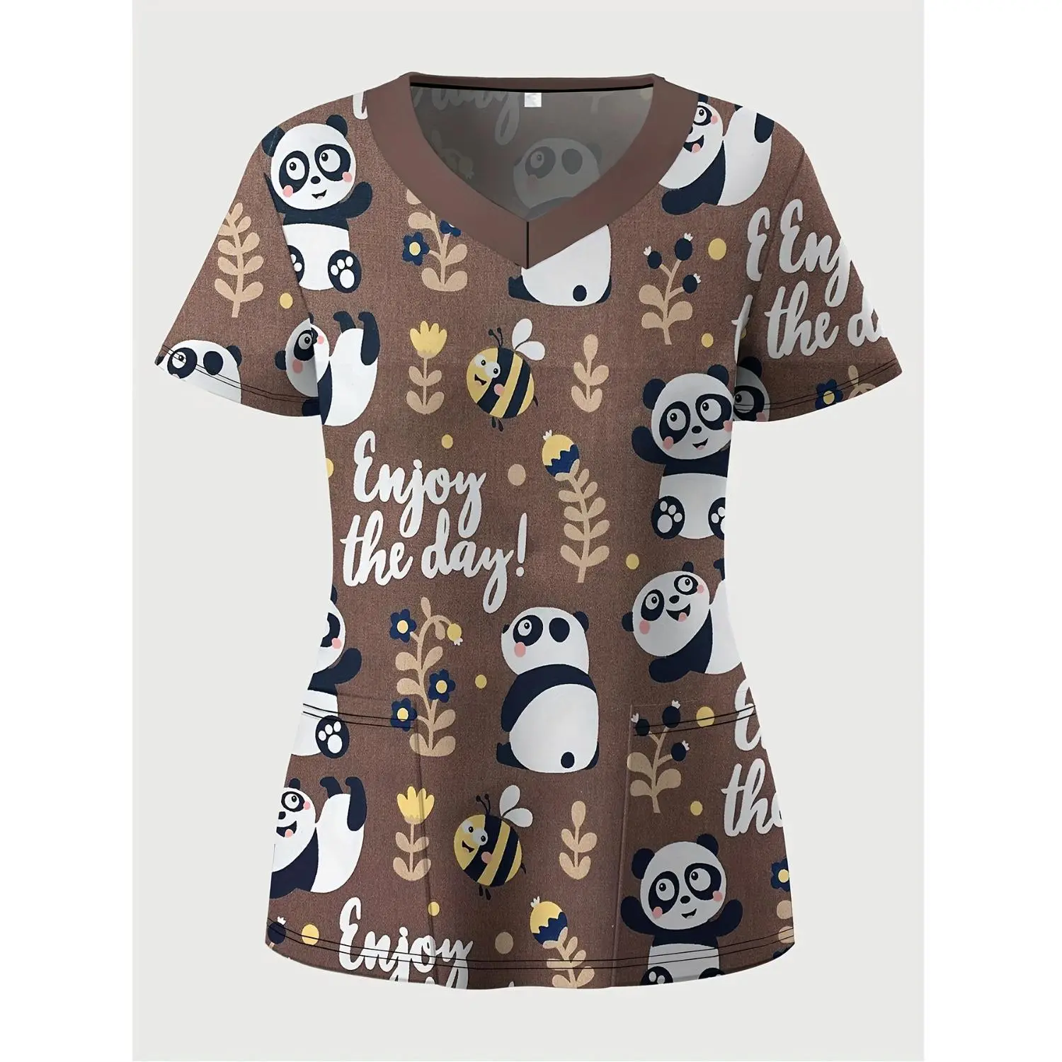 Trendy Plus Size Women's Cartoon Panda V-neck Top | Comfortable Stretch Nurse Uniform with Two Spacious Pockets