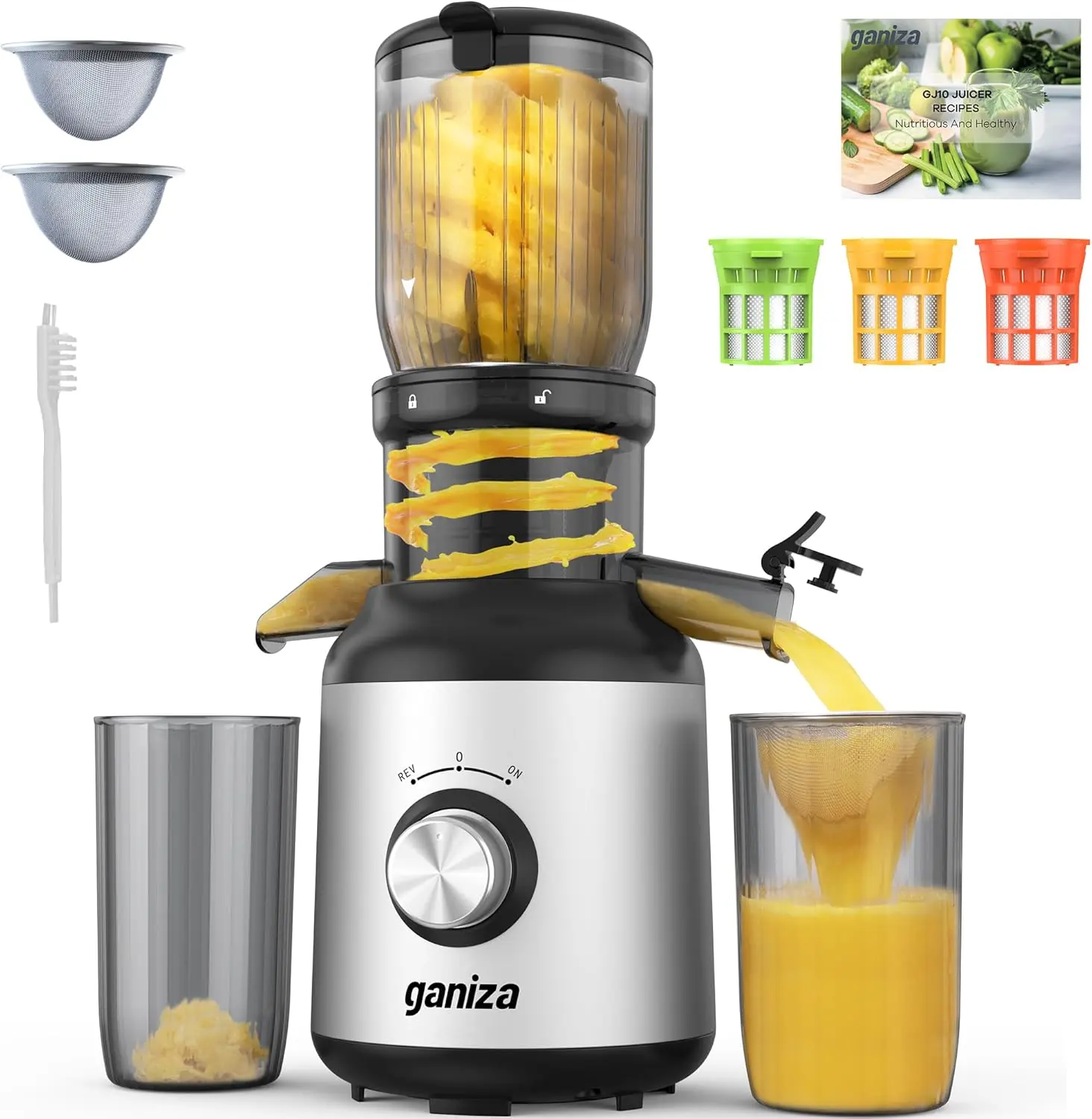 Ganiza Cold Press Juicer Machine - 64 RPM Slow Masticating Juicer Squeezer, Multifunctional Powerful Kitchen Supplies with 3 Detachable Filters, Large Feed Chute, Easy Cleanup, BPA-Free Silver, Multifunctional Juicer