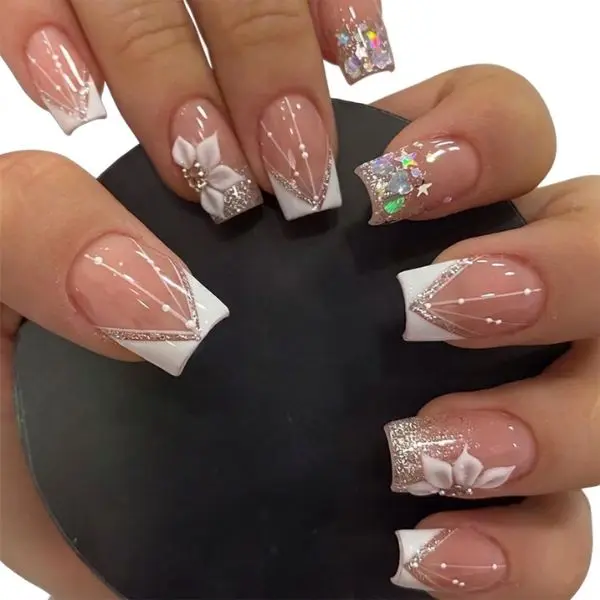 24PCS French Tip Press On Nails Short Square White Flower & Star Design Glitter Fake Nails, Luxury Glue On Nails with Nail Charms, White Stripe Acrylic False Nails for Women DIY Manicure