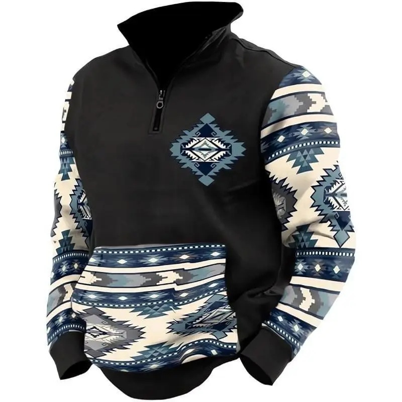 Sudadera con Capucha Estilo Vaquero y Azteca para Hombre - Buzo Vintage de Media Cremallera con Bolsillo Canguro - Estilo Urbano