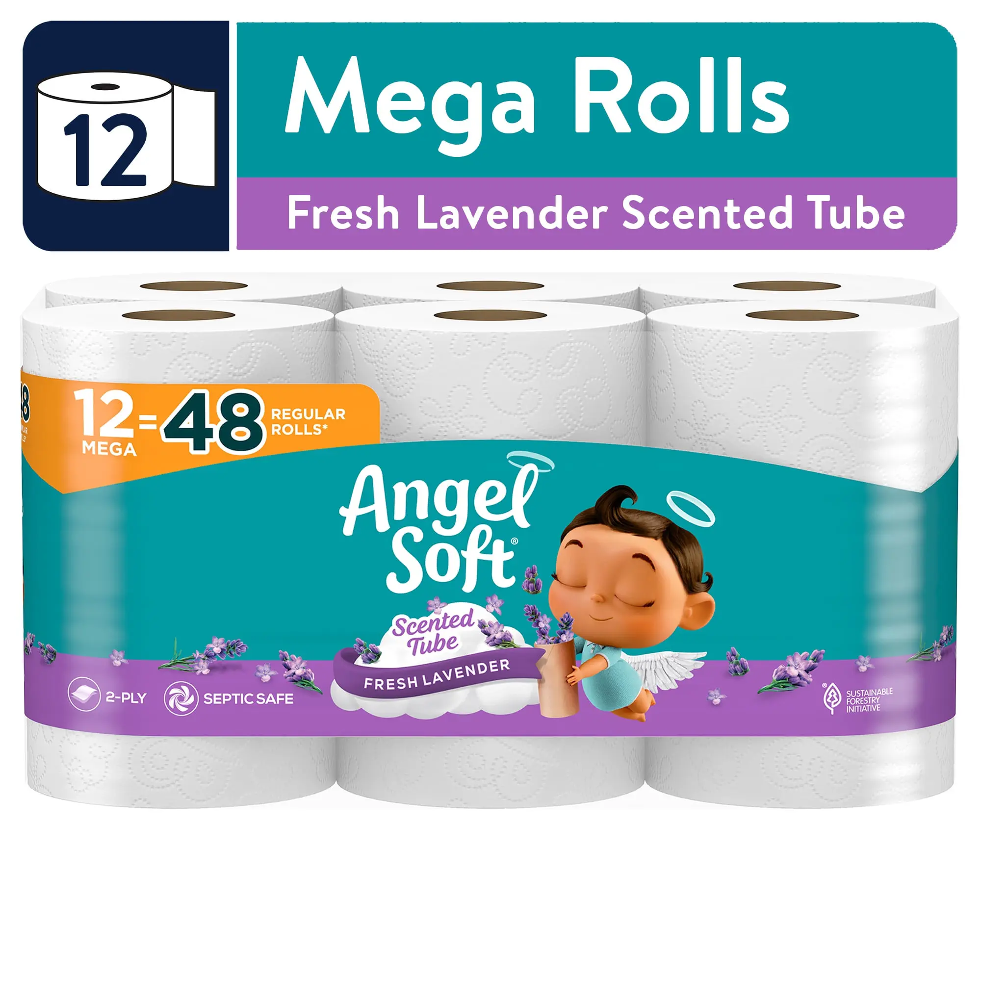Angel Soft 2-Ply Toilet Paper, Fresh Lavender Scented Tube, 12 Mega Rolls