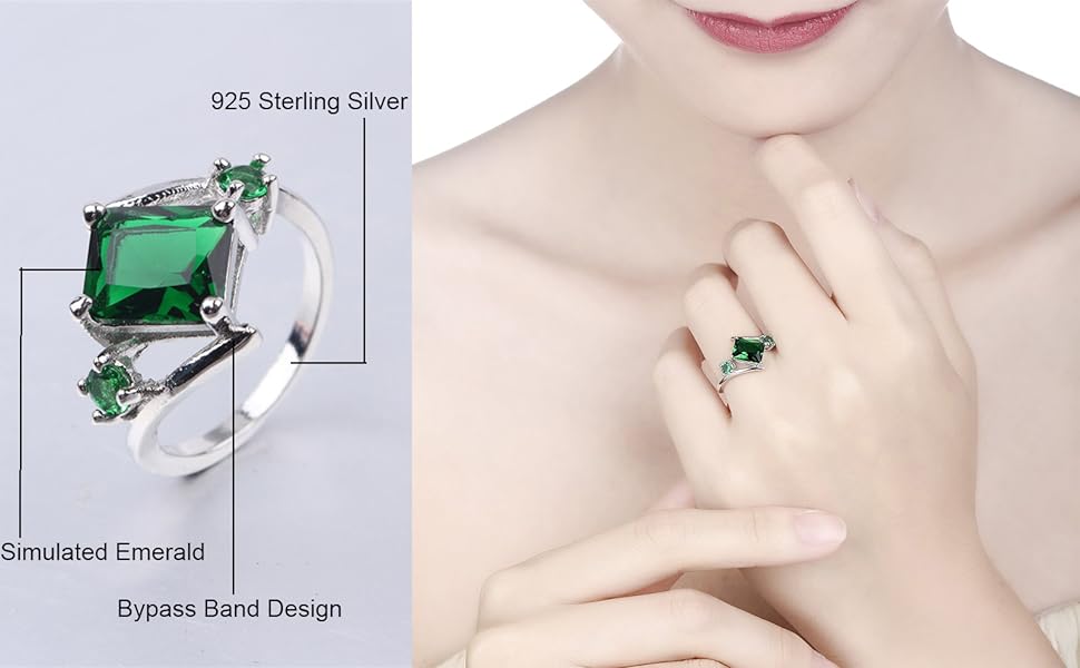 5x7mm Radiant Cut Simulated Emerald 925 Sterling Silver Bypass Geometric Ring for Women