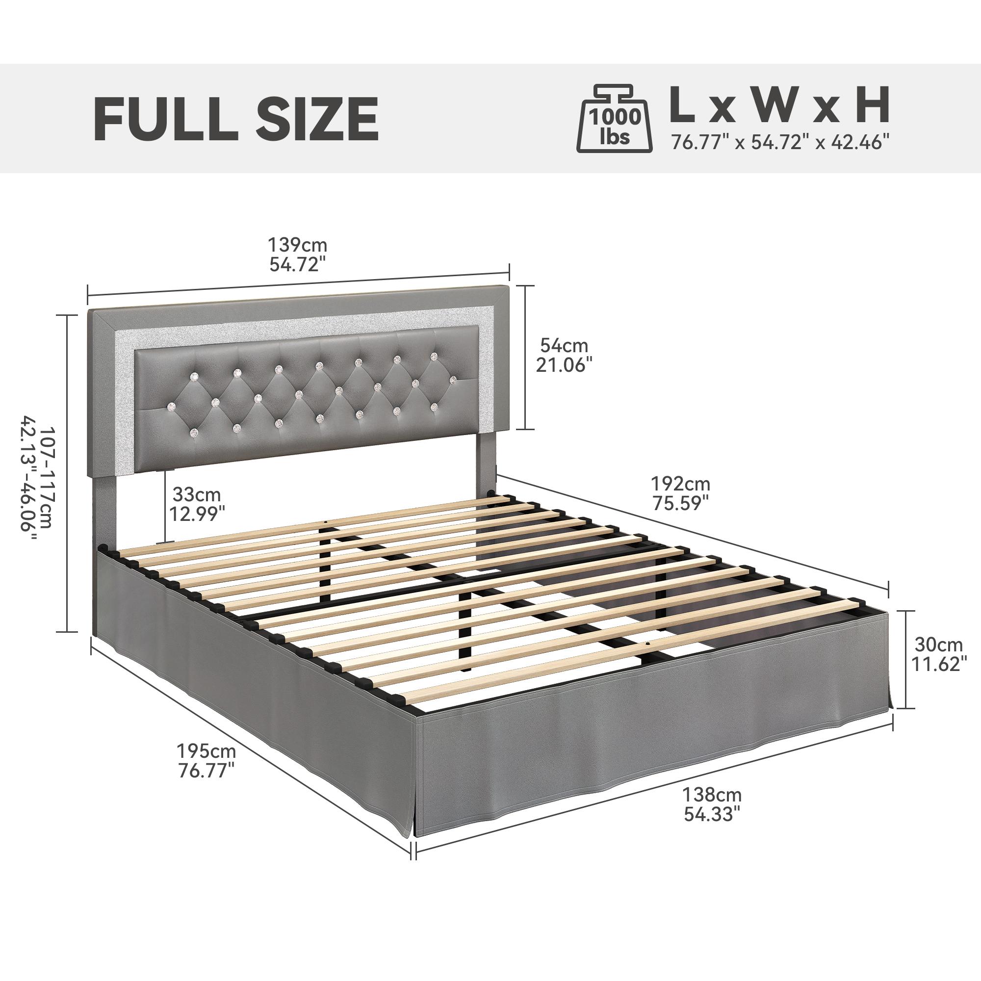 [Summervibes] Queen Bed Frame with LED Lights & Adjustable Headboard - Diamond Tufted Upholstered Frame with Wooden Slats - Full bed frame with mattress - Black/White/Grey summergarden