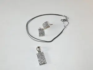 TWWJ041 Silver Set - Curved Hoop Earrings & Rectangular Pendant Necklace with Geometric Sparkle Clear Stones for Everyday Glam or Special Occasions