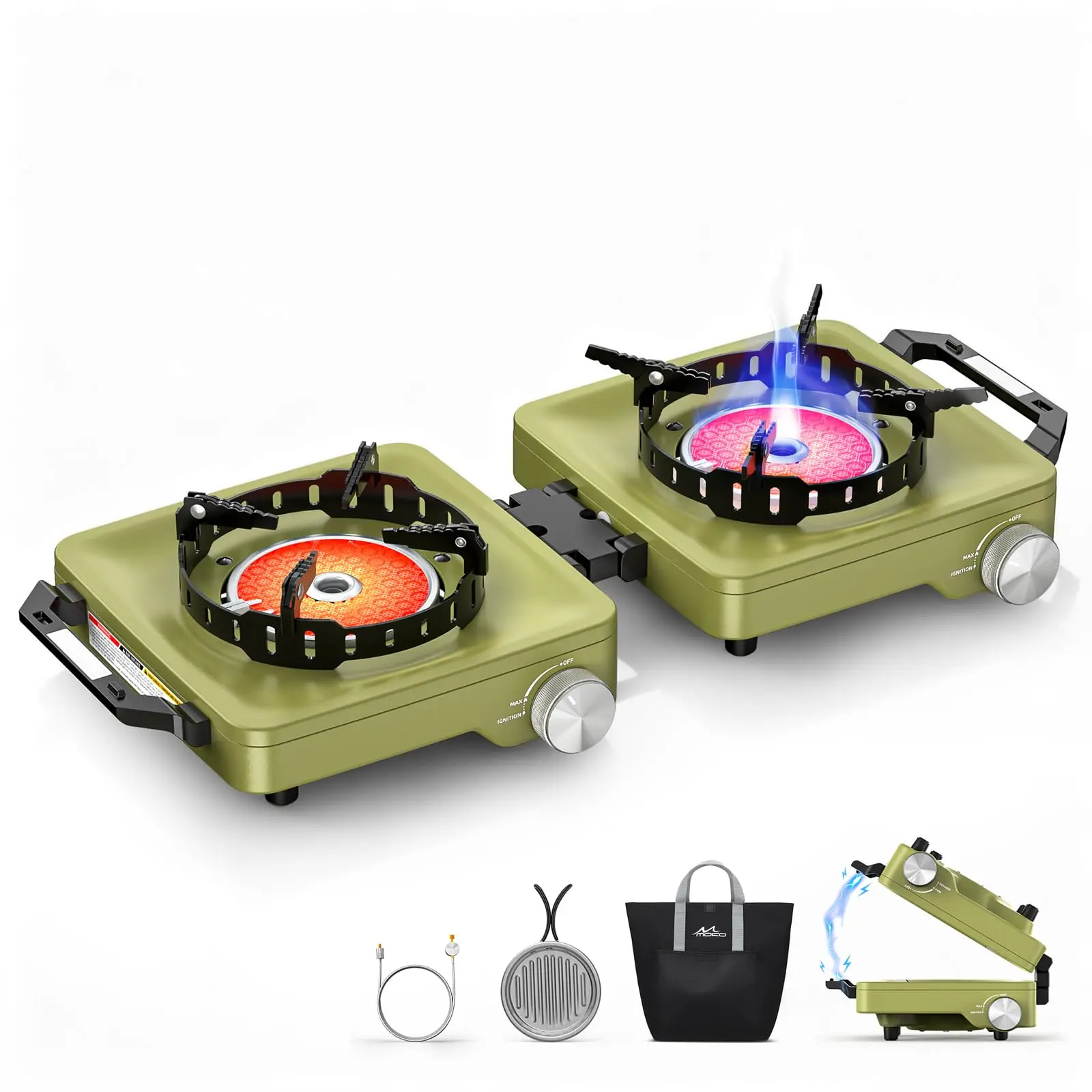 MoKo Camping Stove 2 Burners, 36000BTU Propane Camp Stove with Windproof Grates, Portable Folding Camping Gas Stoves Include Frying Pan & Carry Bag for Camp out, Cooking Outdoor, Tailgating, Green