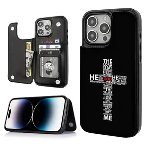 Psalm 23 Bible Verse Card Holder Wallet Aesthetic Black Casing For iphone 17 16 15 14 13 12 PRO PLUS MAX PU Leather Stylish Gift Shockproof Protection Anti-Drop Protective Protector Phone Case Shell Cover