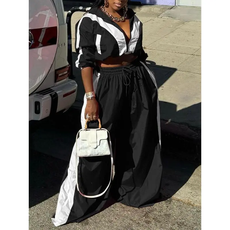 Cozy Knit Co Ord Set, Colorblock Zip Up Crop Jacket & Drawstring Waist Pants Two-piece Set, Casual Fashion Drop Shoulder Pocket Long Sleeve Top and Trousers for Daily Outdoor Wear, Home Comfort, Cool