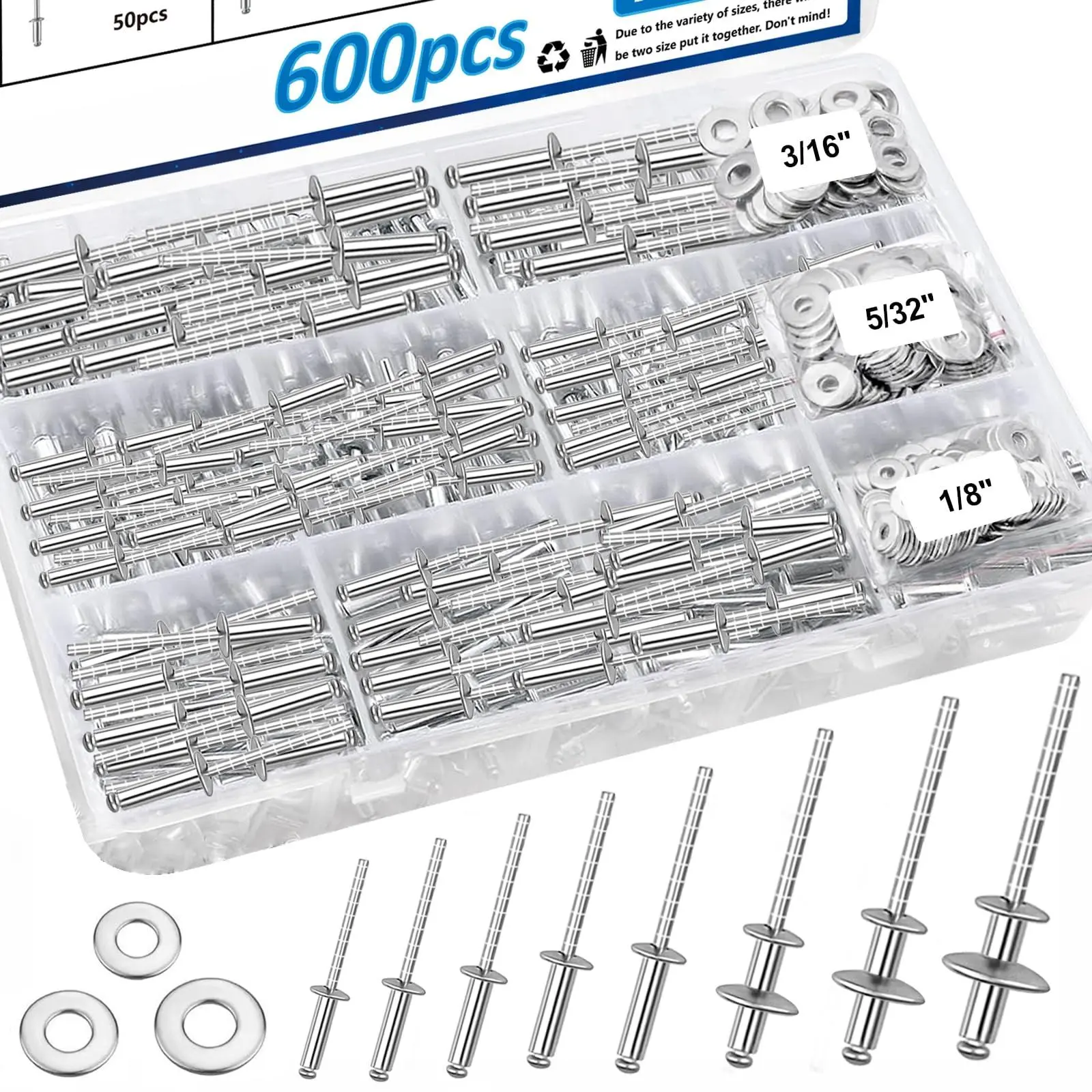 600Pcs Stainless Steel Rivets with Washer Assortment Kit 8-Sizes Set 1/8Inch 5/32Inch 3/16Inch for Metal Furniture Automotive Instruments