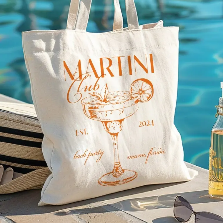 Personalized Miami Social Club Tote Bag, Cocktail Martini Canvas Tote, Personalized Location Tote, Bachelorette Party Gift Bag, Beach Weekend Aesthetic Tote