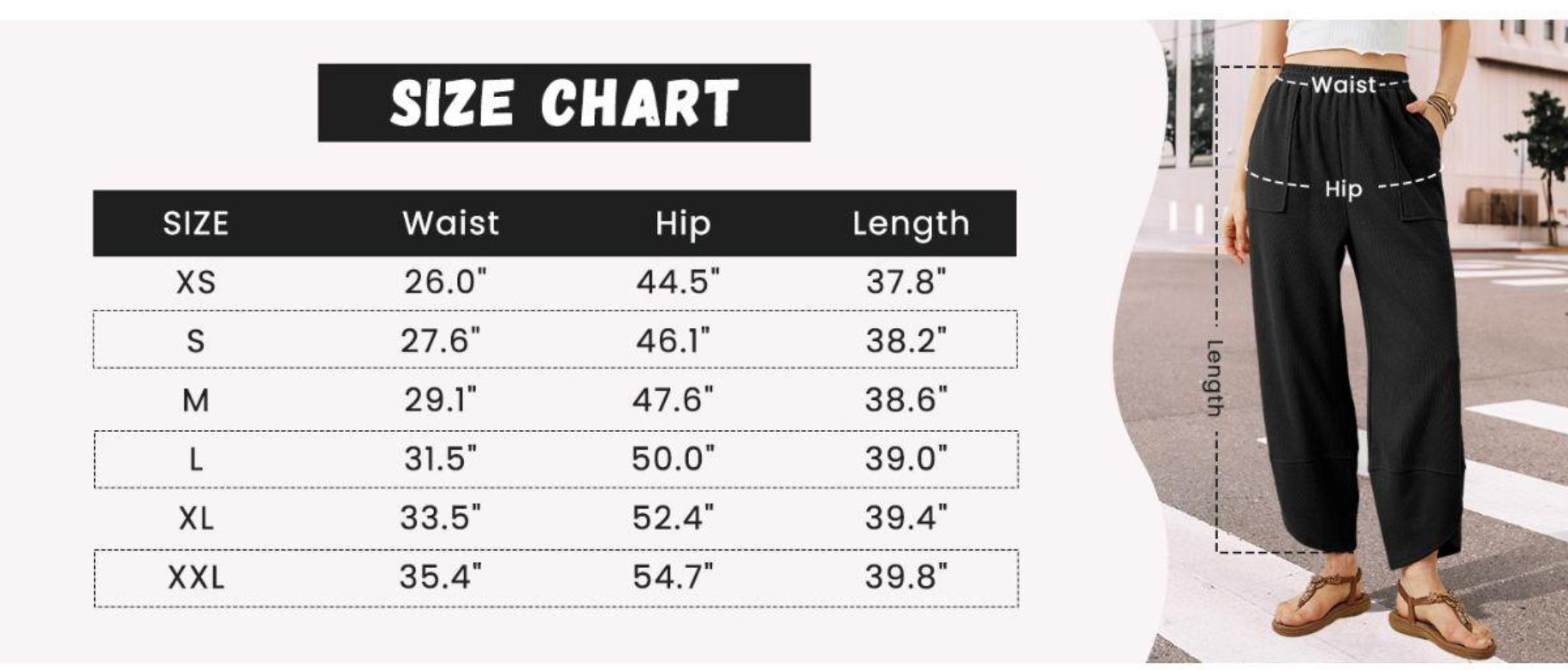 Size chart reference for women's wide leg pants showing waist, hip, length and inseam