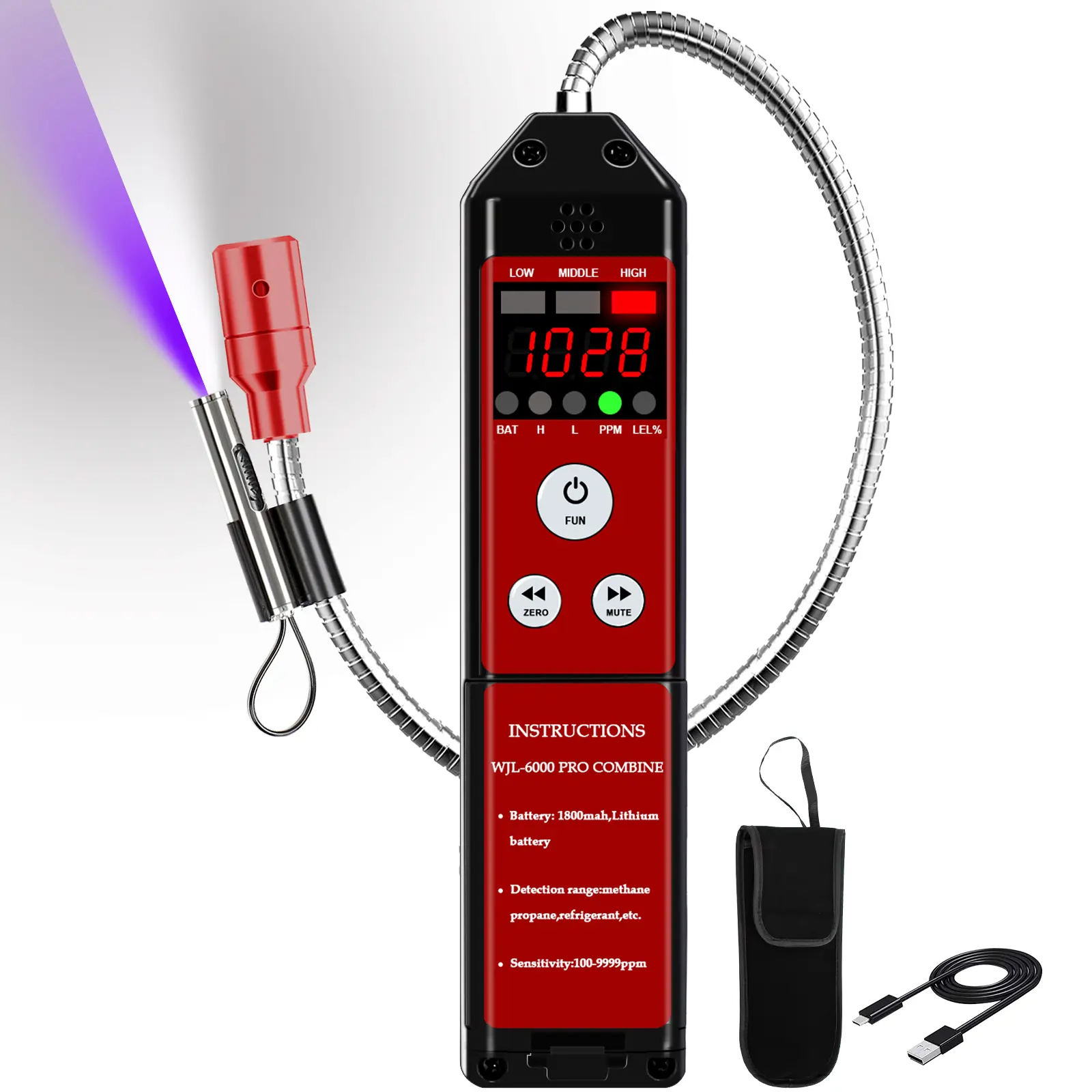 Portable Natural Gas Leak Detector with Audible & Visual Alarm, Enhanced Durable Probe, Long-Lasting Performance – Detects Leaks of Gases, CFCs, HCFCs, HFCs, HFOs, HCs, Refrigerant for Home & RV HVAC Tools