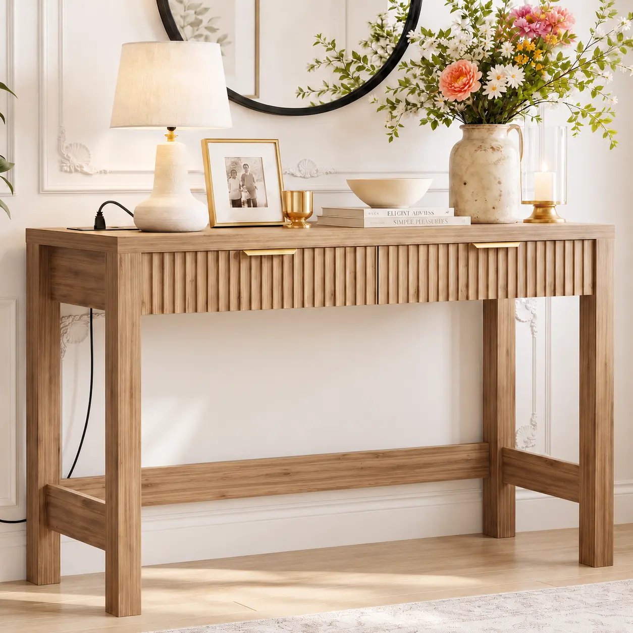 47" Entryway Table with 2 Wood Drawers, Narrow Console Table with Charging Station,Hallway Table for Entryway Decor,Small Space