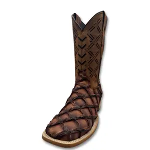Brown Fish Print Cowboy Boots with Intricate Design and Comfortable Sole