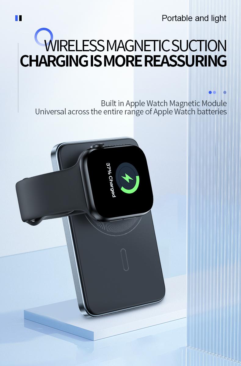 WESECUU 3-in-1 Magnetic Wireless Power Bank 5000mAh Ultra-Thin MagSafe 15W Wireless & PD 20W Fast Charging for Phone Watch Earbuds Compact Cable Metallic Protection