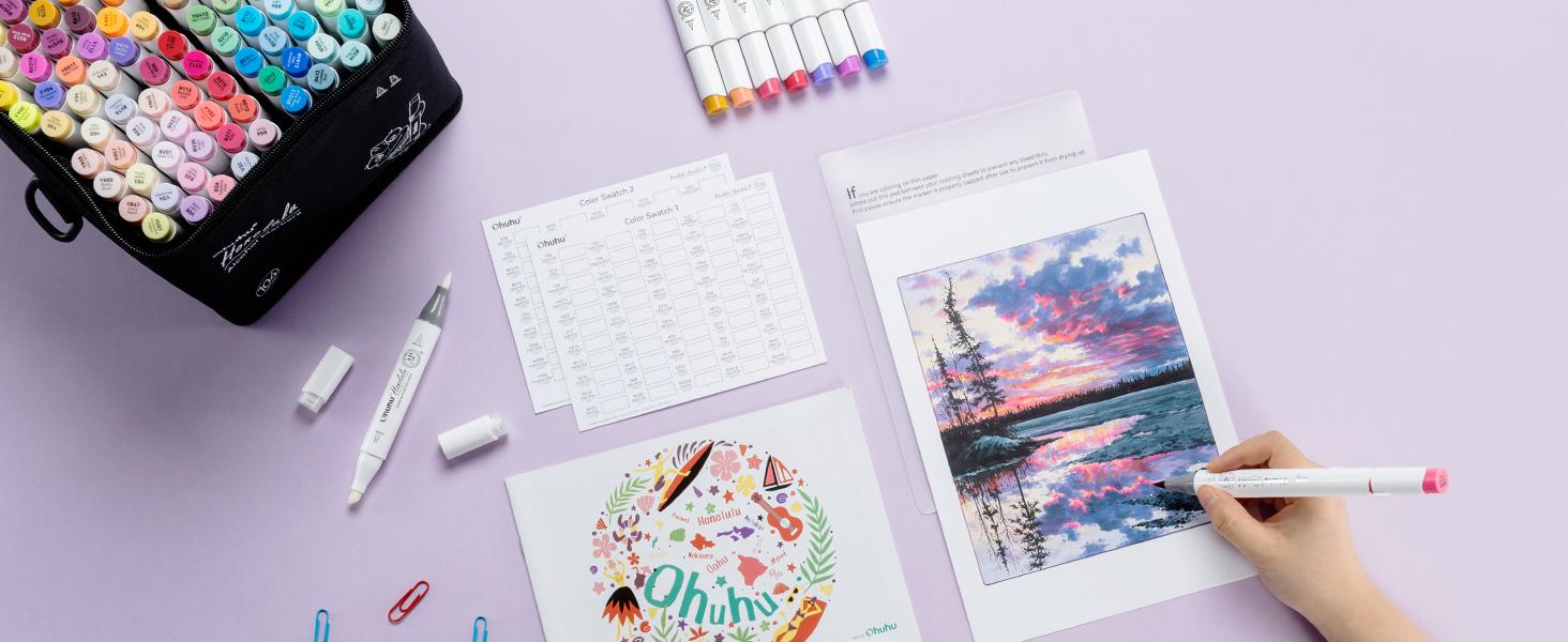 Ohuhu Alcohol Markers: Brush & Fine / Chisel - 104-color - Double Tipped Alcohol Based Art Marker Set for Artists Adults Coloring Illustration - Refillable - Honolulu & B Series of Ohuhu - Women's Day Gift