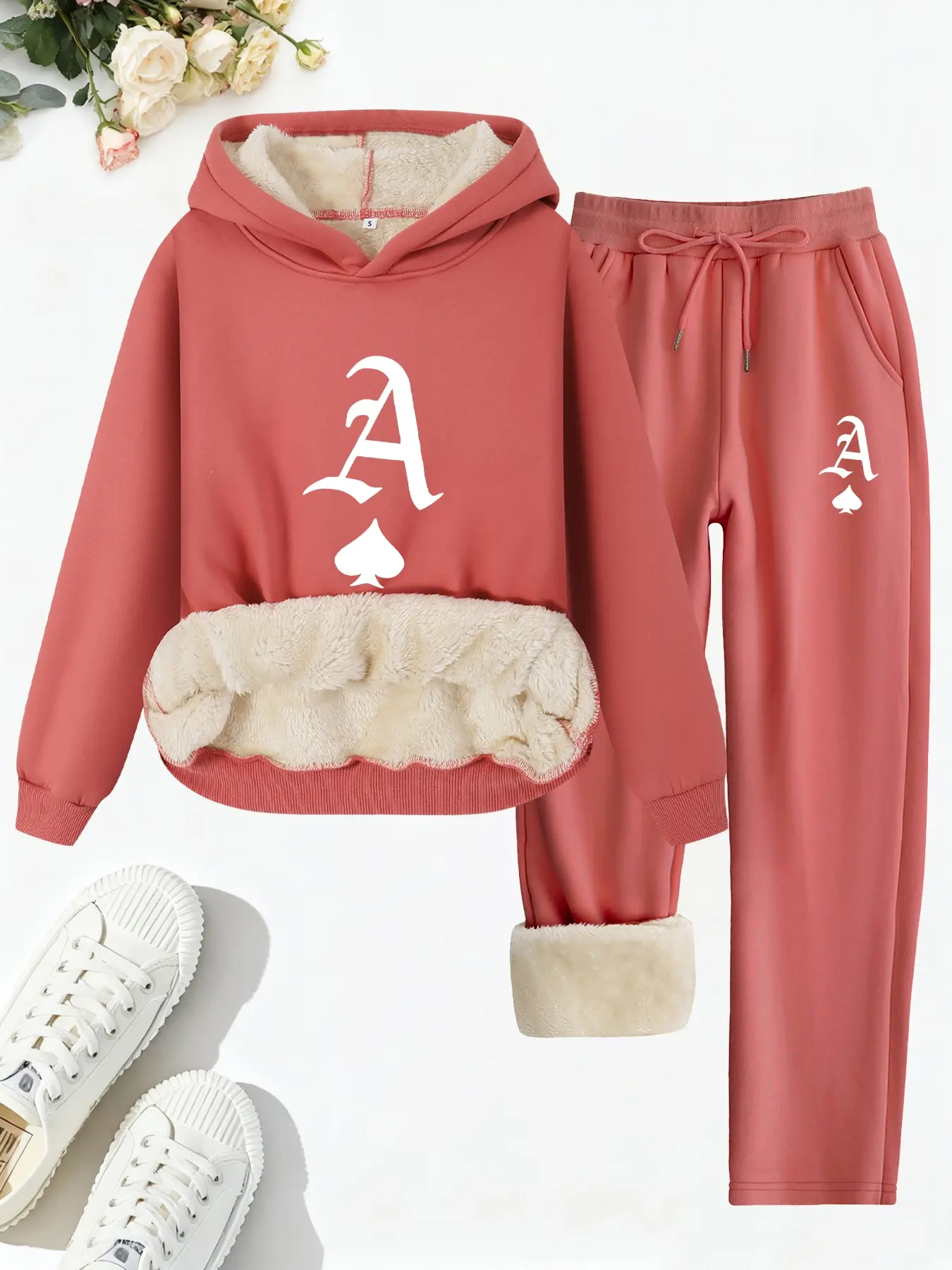 Women's Fleece Lined Thick Long Sleeve Pants Set Outfit, Athleisure Wear Sets, a Heart Pattern Print, Casual Hooded Sweatshirt & Straight Leg Pants, Fall Winter Wear