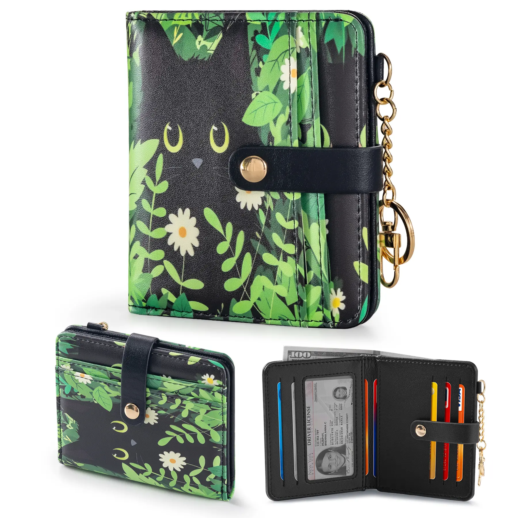 Cute Cat Wallet for Women RFID Blocking Slim Leather Bifold Wallet with Zipper Coin Pocket, 13 Card Slots, ID Window, Small Floral Card Holder Purse with Keychain Gift