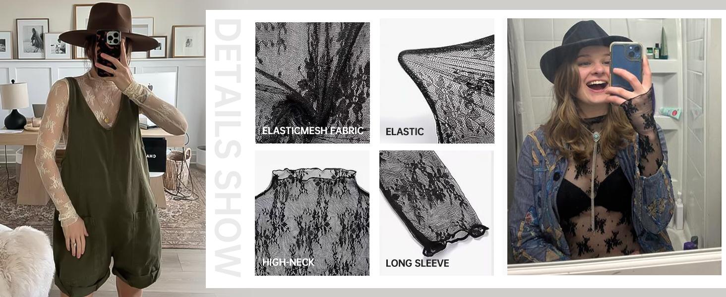 Ommig Lace Tops for Women Mesh Top Long Sleeve Floral Lace Blouse Sheer Mesh Mock Neck Layering Top Ommig Lace Tops for Women Mesh Top Long Sleeve Floral Lace Blouse Sheer Mesh Mock Neck Layering Top