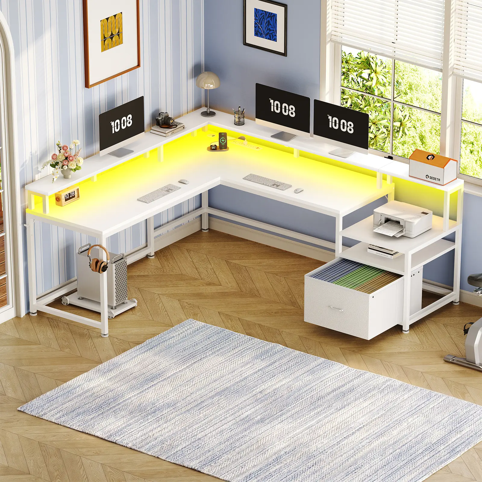 Sedeta 66-in L-Shaped Modular Gaming Desk - Durable Wood & Metal Convertible Office Furniture, 96.4-in Monitor Riser for Dual Monitor/Study Setups, Dual Drawers, Sturdy Base, Assembly Required (Desks for Gaming)