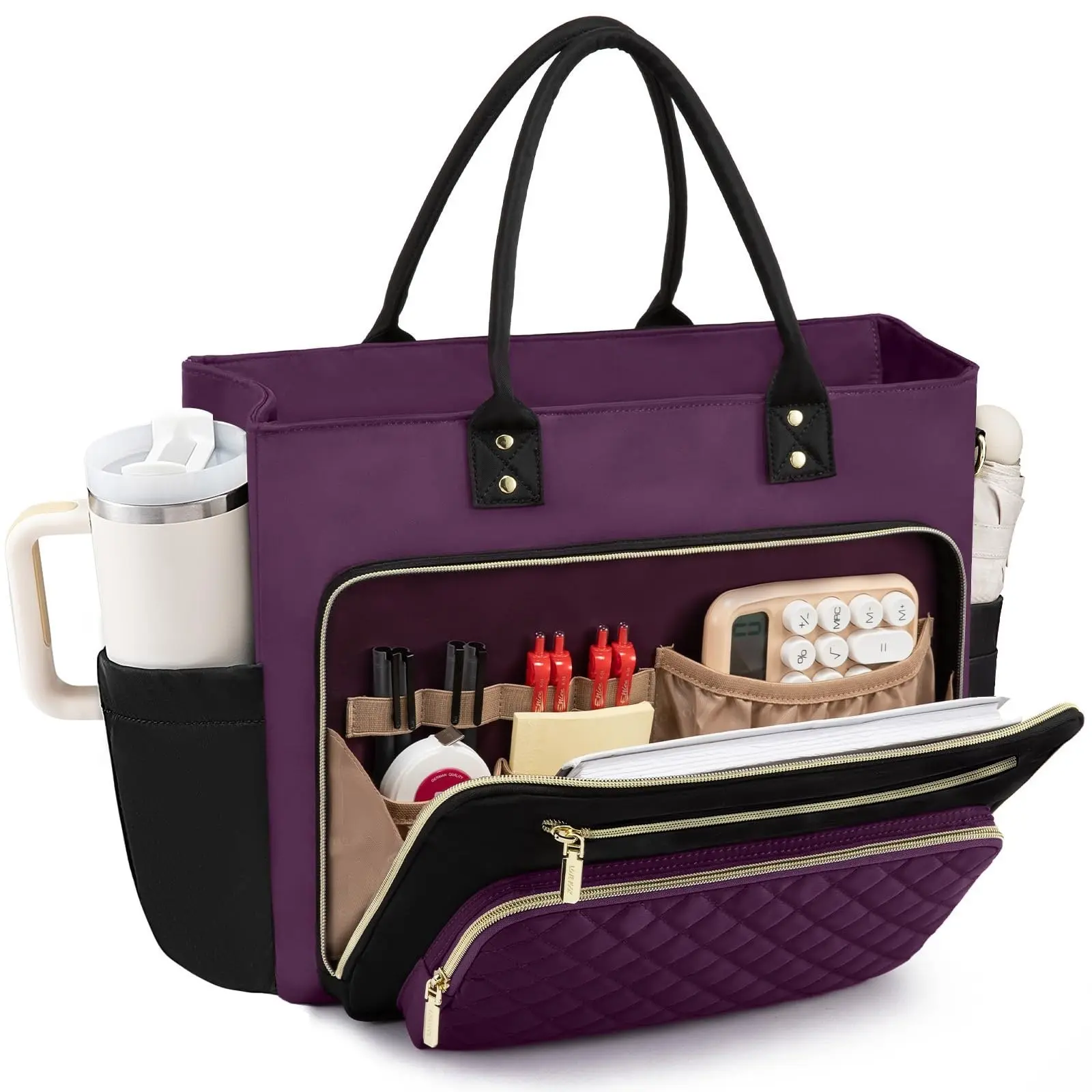 Large Capacity Commuter Quilted Laptop Bag, Handbag, Shoulder Bag, Teacher Bag, Multi-Layer Organizer, Business Document Storage