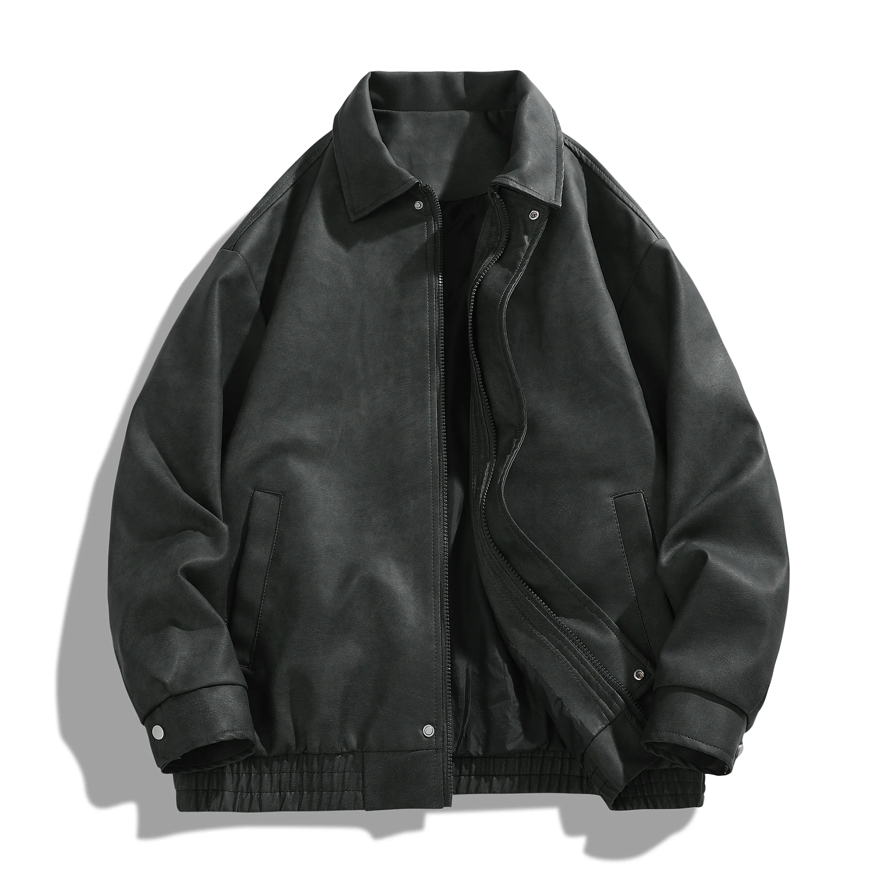 Menswear Vintage Oversized Structured Leather Biker Coat - Zip-Up, Plain, Stylish Straight-Fit Outerwear for Men, Winter-Spring Layering Tops, Detroit Aviator Pilot Streetwear Barn Jacket