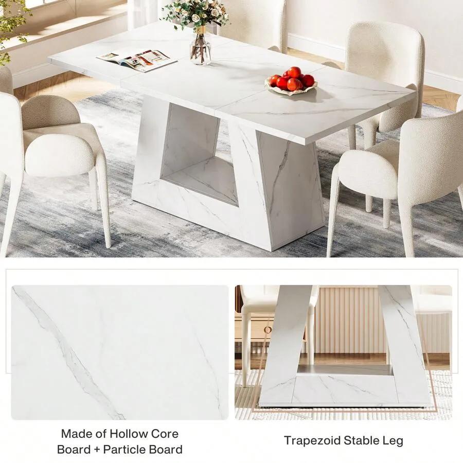 Tribesigns Dining Table For 4 To 6 People, 63" Rectangular Dining Room Table, Modern Wooden Faux Marble Dinner Table With Sturdy Base For Kitchen, Living Room
