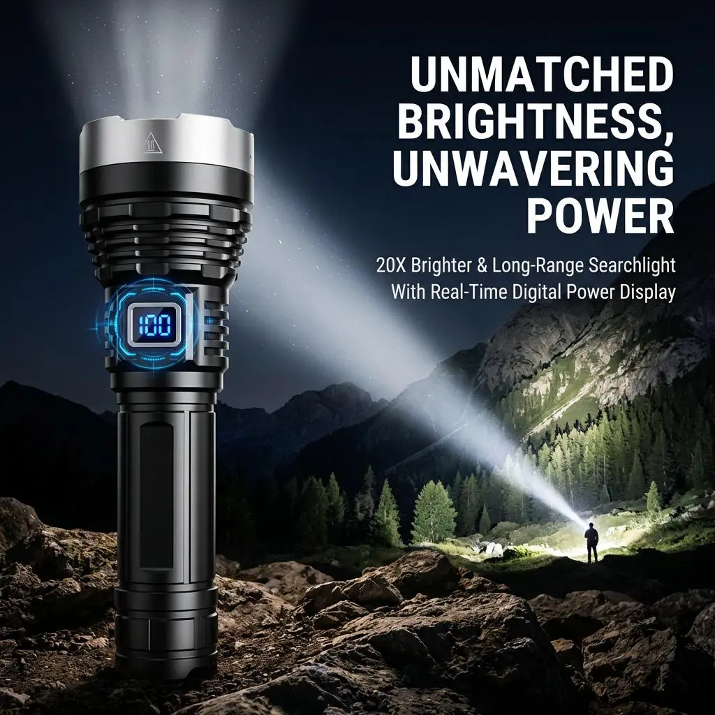 2-in-1 Strong Flashlight (Power Bank)，Digital display of power, Rechargeable，Zoomable, , X4Waterproof, Adjustable Brightness Flash Light for Outdoor, Emergency, Camping Accessories，Black