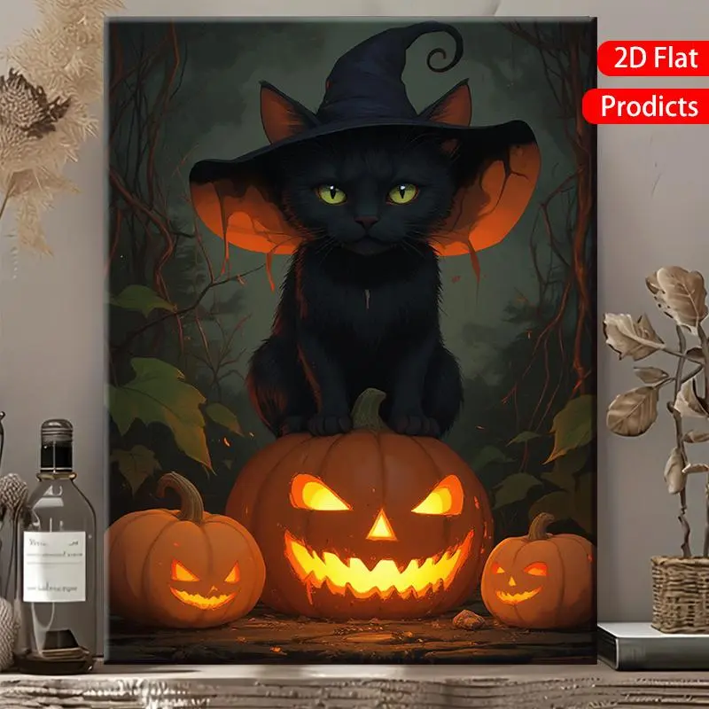 Solid Wood Framed Halloween Black Cat & Glowing Pumpkin Canvas Wall Art - Witch Hat Hanging Painting, Spooky Seasonal Decor for, Office, Cafe - Perfect Gift for Christmas, Birthdays, Housewarming ( Use), 2D Flat, Perfect for Room Decor	