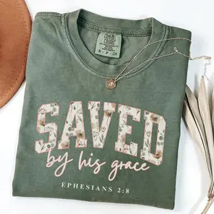 Comfort Colors Saved By Grace Bible Verse TShirt, Boho Cute Christian T-Shirt For Women,Trendy Jesus Tee, Christian Gift For Daughter