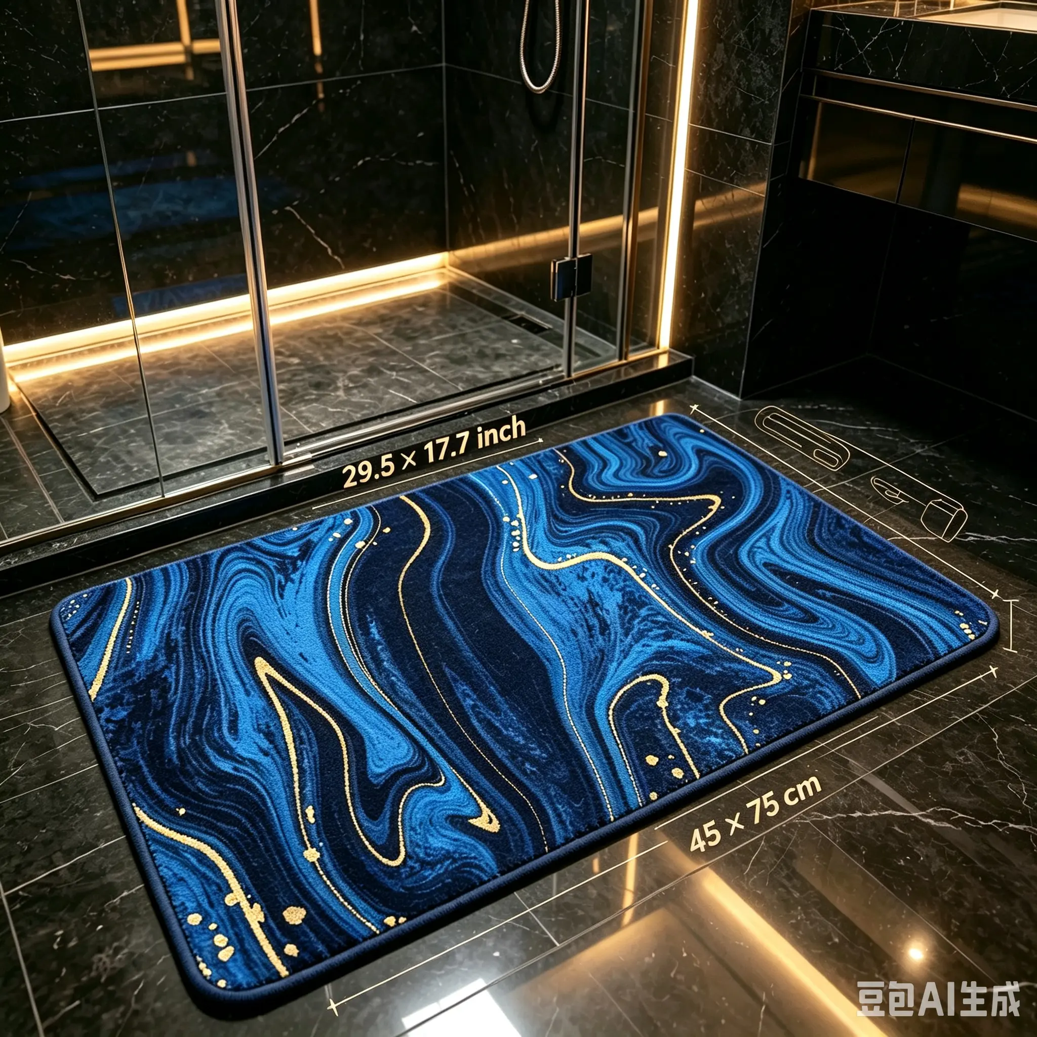 Rectangle Luxury Navy Blue Gold Marble Swirl Velvet Shower Bath Mat - 29.5x17.7" 1-Piece Thick Plush Non-Slip 3-Layer Premium Composite Material, Fast Absorption HD Print Modern Hotel-Style Home Bathroom Decor