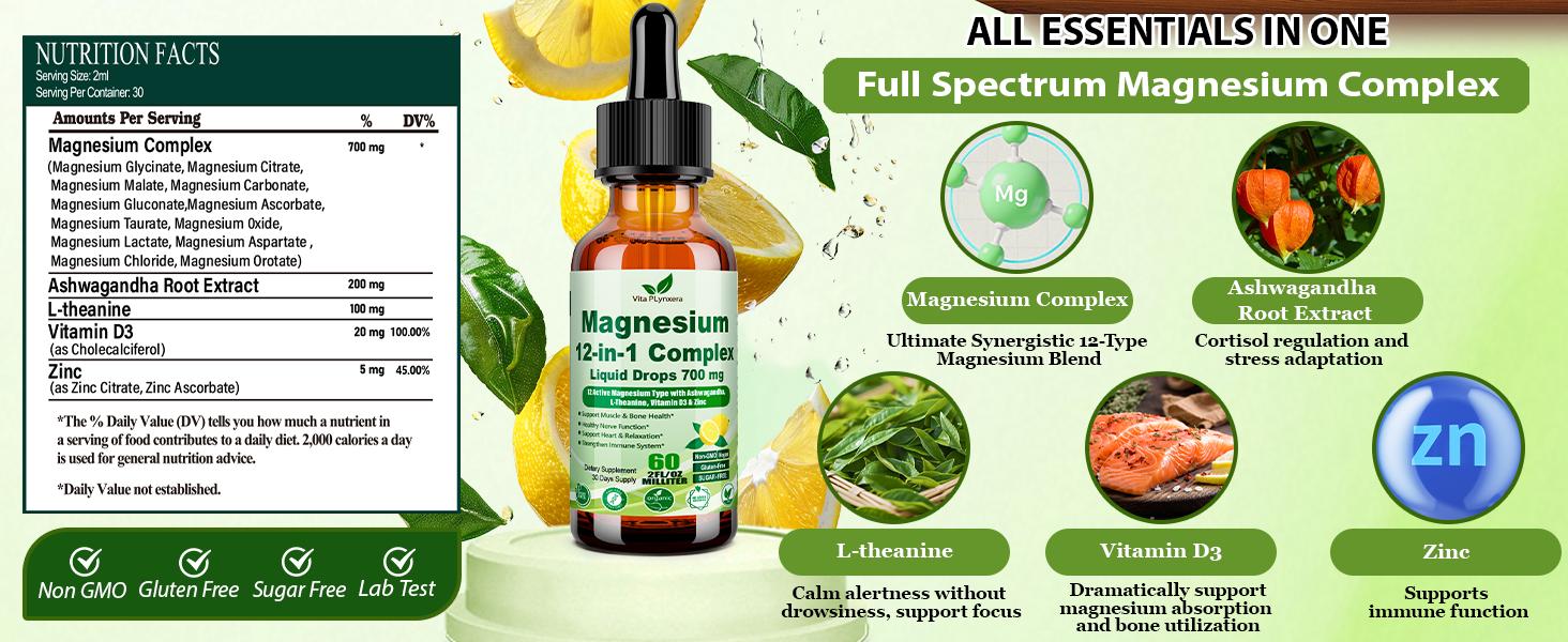 12-in-1 Magnesium Complex Liquid Drops, Chelated Magnesium Citrate Glycinate Taurate Malate Aspartate w. Ashwagandha Theanine D3 & Zinc for Relaxation Sleep Immune Health & Muscle FunctionWomen Men 12-in-1 Magnesium Complex Liquid Drops, Chelated Magnesium Citrate Glycinate Taurate Malate Aspartate w. Ashwagandha Theanine D3 & Zinc for Relaxation Sleep Immune Health & Muscle FunctionWomen Men