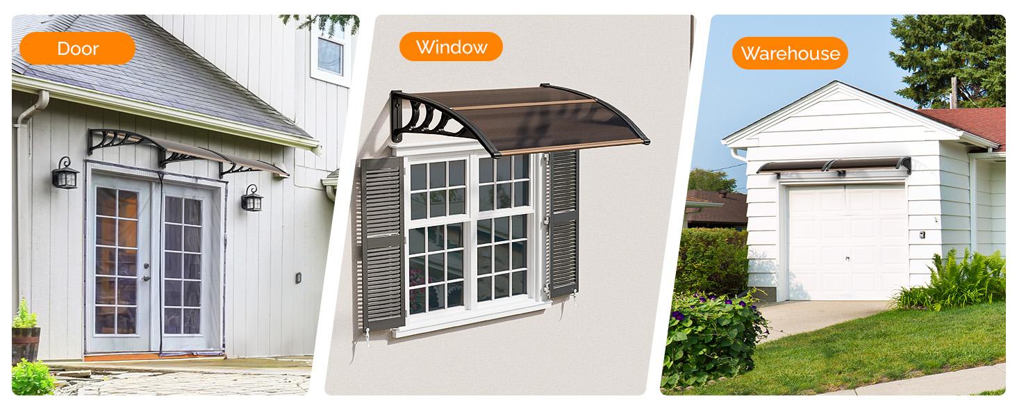 VINGLI Window Awning Door Canopy Exterior, Awnings for Doors Polycarbonate Cover Patio Door Awning Rain Snow Sunlight Protection Hollow Sheet (Brown Board & Black Bracket)