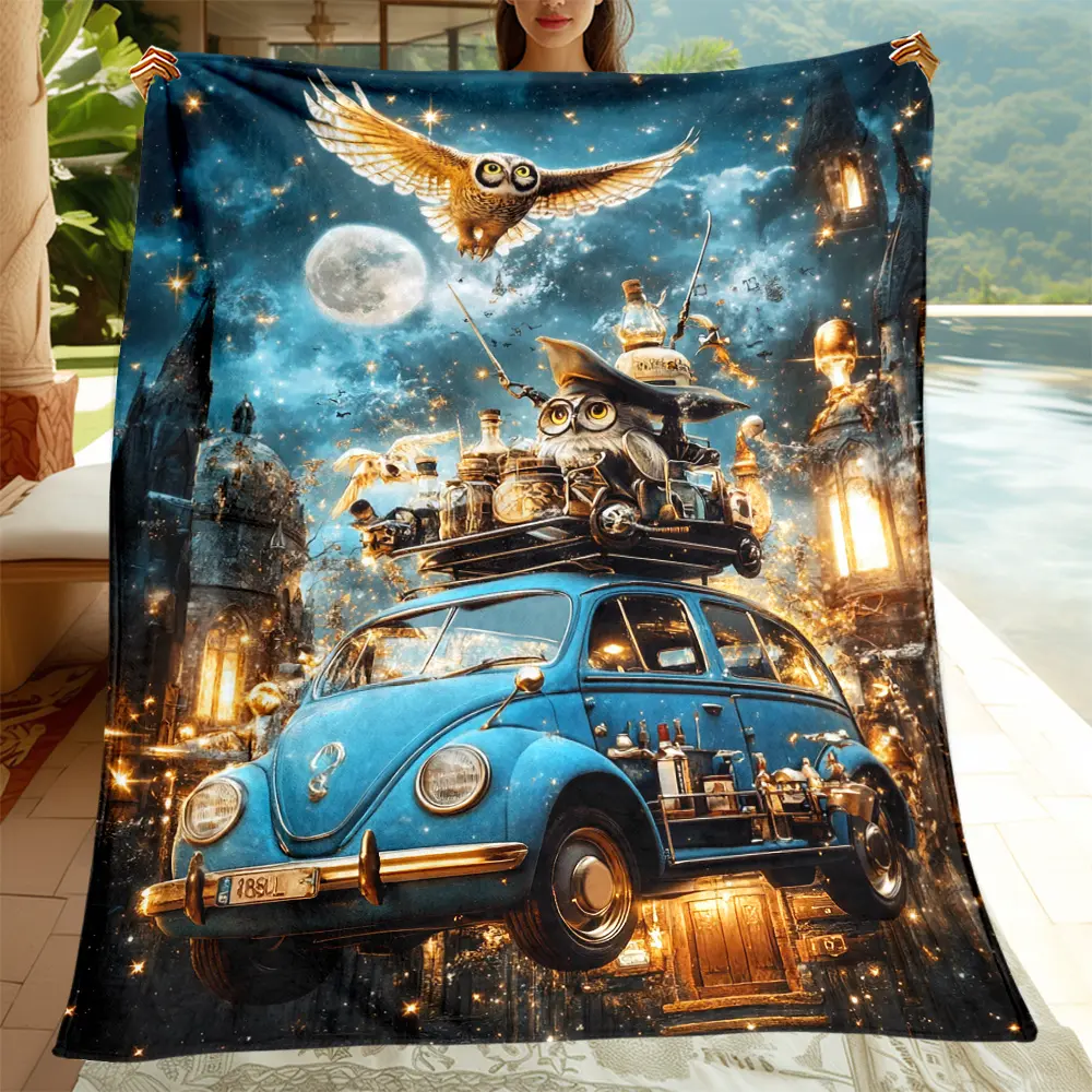 100% Polyester Knit Flannel Blanket - Multi-Size, Wrinkle Resistant, Breathable, Durable, Lightweight, All Seasons, Traditional Print (Magic Academy Owl, Wizard Hat, Vintage Car, Magic Book), Indoor Use, Machine Wash, Sofa Throw, Family Gift, Room Decor,,