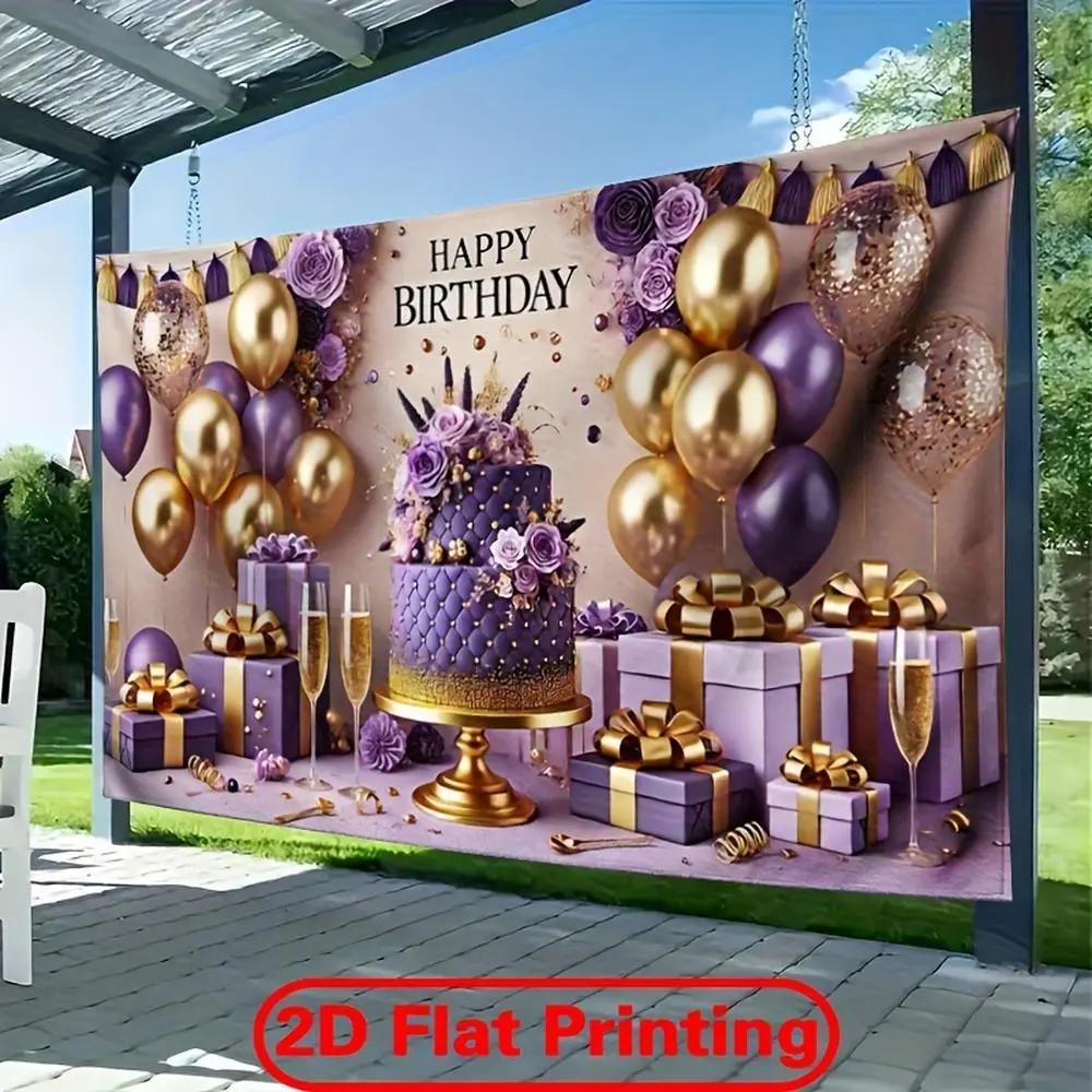 Luxury Purple-Golden 2D Flat Banner Party Decorations, 1-Piece 243.84x182.88cm Polyester Backdrop with Elegant Cake Print, Ideal for Happy Birthday Celebrations & Photo Studios, Party Decorations Banners, One-Piece