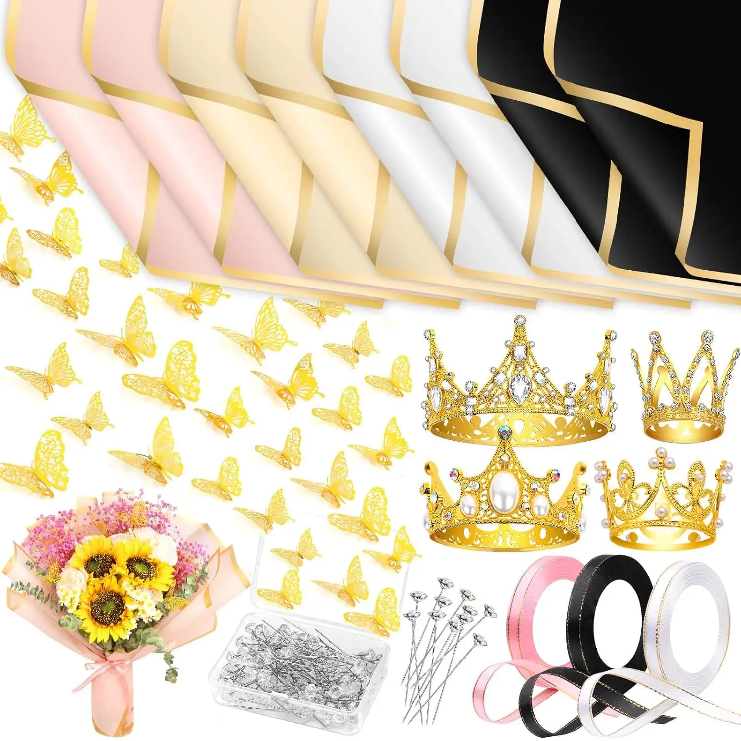 195Pcs All-in-One Flower Bouquet Accessories Kit, 40 Floral Wrapping Paper, 4 Gold Crowns, 48 Butterfly Decor, 100 Flower Pins & 3 Ribbons, DIY Florist Supplies for Wedding, Mother’s Day, Baby Shower & Graduation Gifts