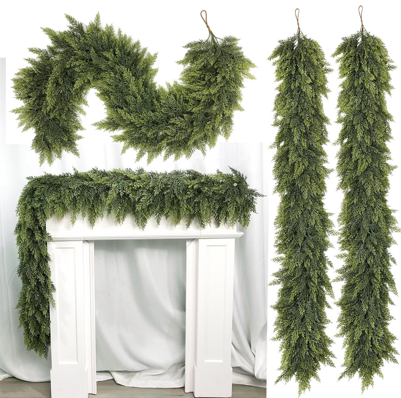 6 FT 2 Pcs Artificial Cedar Garlands, Real Touch Winter Cedar Garland, Green Artificial Greenery Pine Garland for Table, Mantle, Wall, Indoor, Outdoor Christmas Decorations (2, 6 FT)