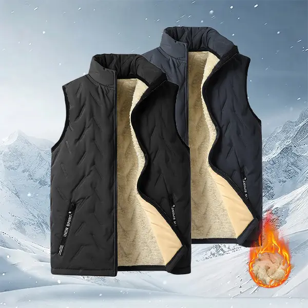 Men’s winter thick fleece stand-collar casual zip vest — minimalist design, stitching details, windproof sleeveless fabric vest suitable for daily commuting and outdoor fishing; menswear with a smooth texture.