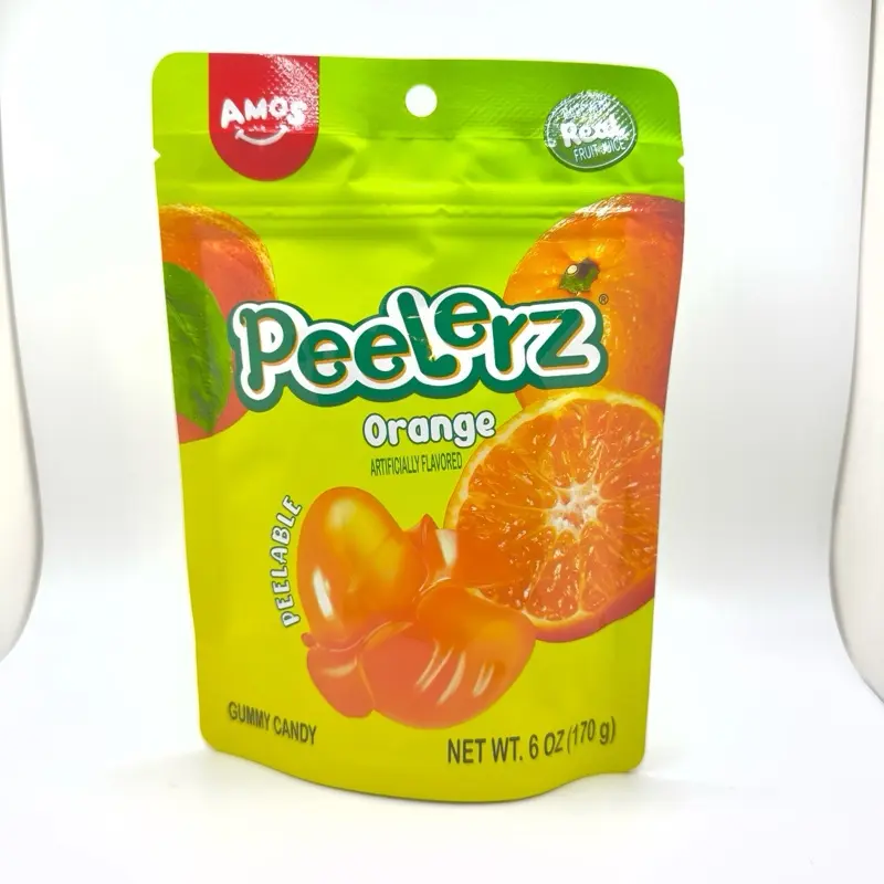 Amos Peelerz Peelable Orange Fruit-Shaped Corn Gummies - 6 oz (170g) Artificial Sugar-Free, GMO-Free, Chewy Sweet Soft Orange Flavored Snack Candy in Resealable Bag, Gel, Glycerin